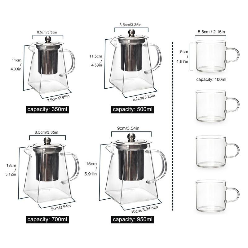 Glass Tea Pot with Removable Stainless Steel Filter & Handle, Clear Square Tea Pot & Tea Cup Set, Tea Making Tool for Home Office Use, Home Accessories, Kitchen Accessories 3