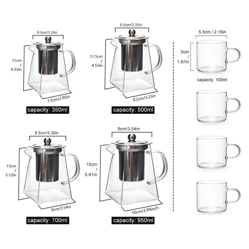 Glass Tea Pot with Removable Stainless Steel Filter & Handle, Clear Square Tea Pot & Tea Cup Set, Tea Making Tool for Home Office Use, Home Accessories, Kitchen Accessories 3