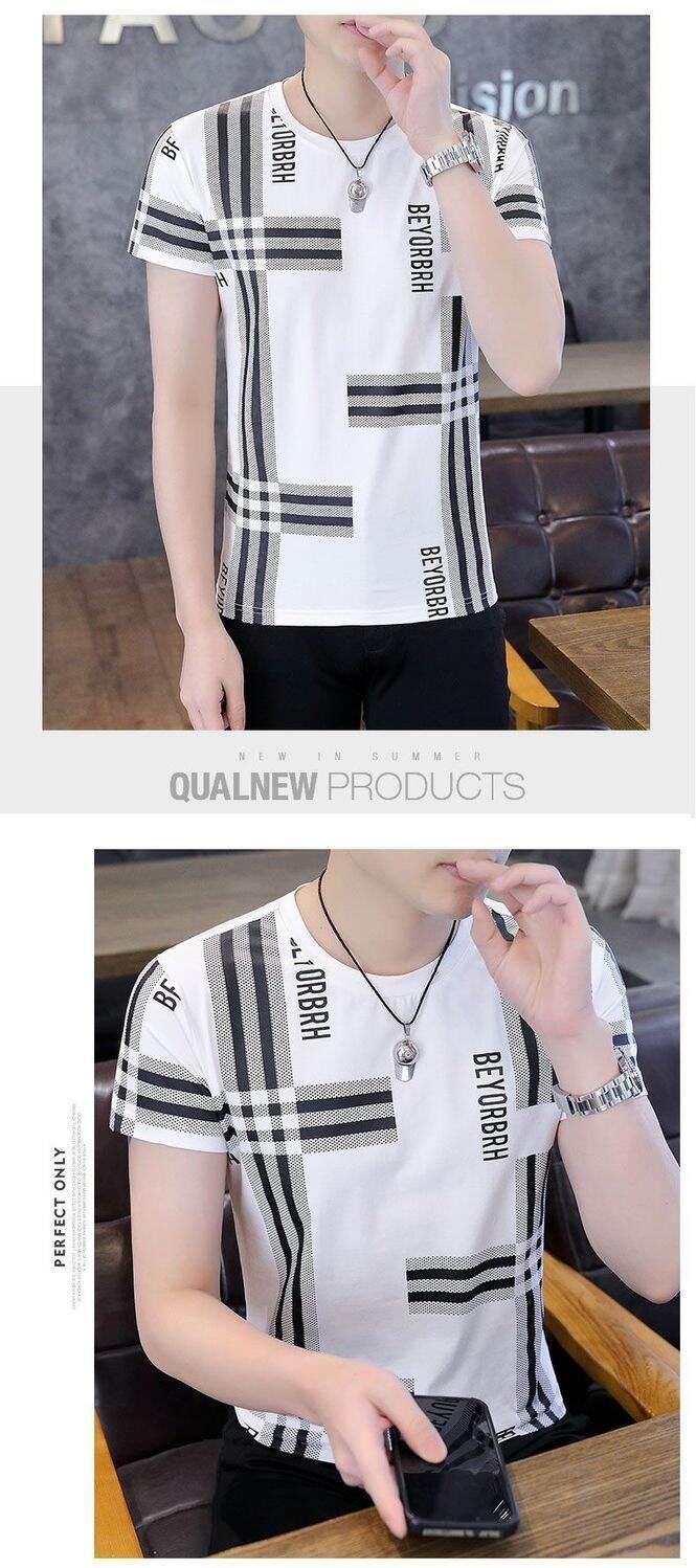 Product Introduction of High-End Ice Silk Short Sleeve T-Shirt Men's Slim Fit round Neck Youthful Summer Casual Shirt Thin Fabric Collision Color 12