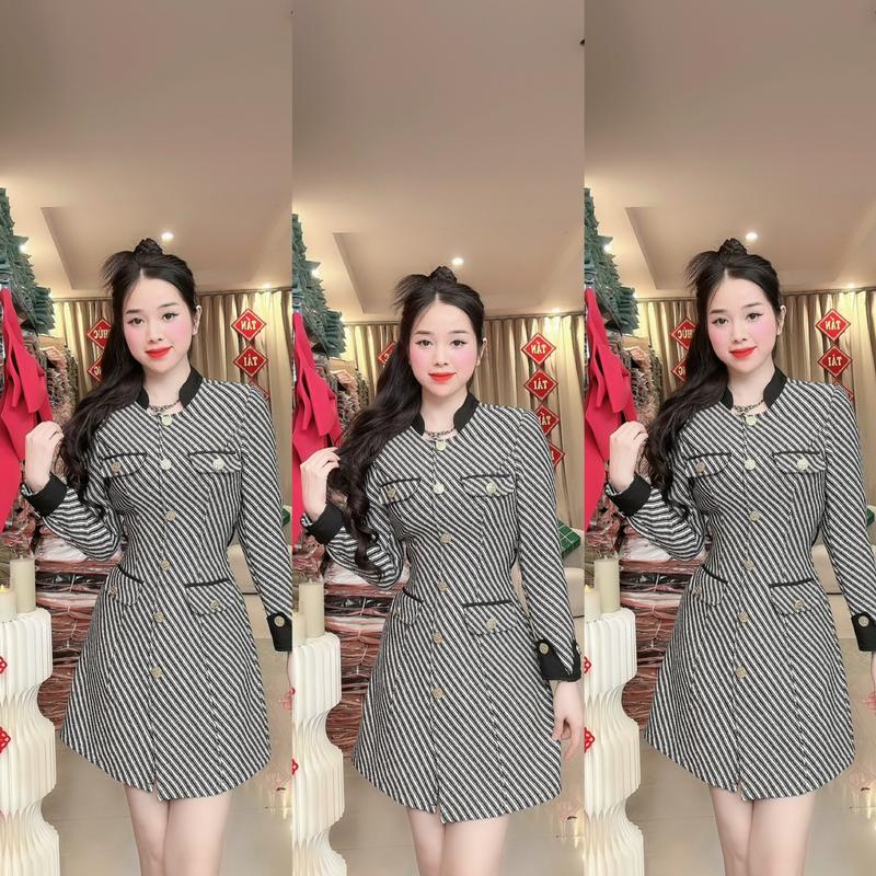 L77 Đầm dạ thiết kế phối viền cách điệu đính nút sang trọng đầm xinh nhẹ nhàng đầm đi tiệc đi làm đi chơi đều đẹp by Thương Lê L77