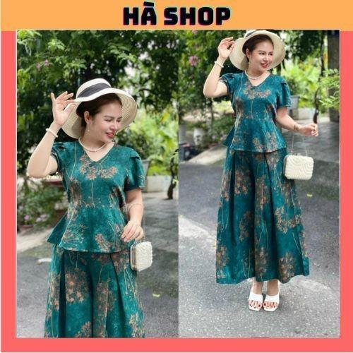 Đồ bộ trung niên cho mẹ, áo có cổ, quần ống rộng, quần giả váy, chất lụa nhập cao cấp HÀ SHOP MS29 - Nữ, Ong