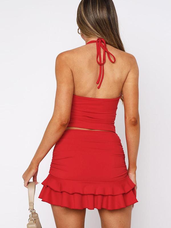 Women's Solid Backless Halter Crop Top & Tiered Layer Skirt Two-piece Set, Casual Fashion Tie Back Sleeveless Top & Skirt for Daily Outdoor Wear, Ladies Summer Lounge Clothes Valentine's Day, Gift 4