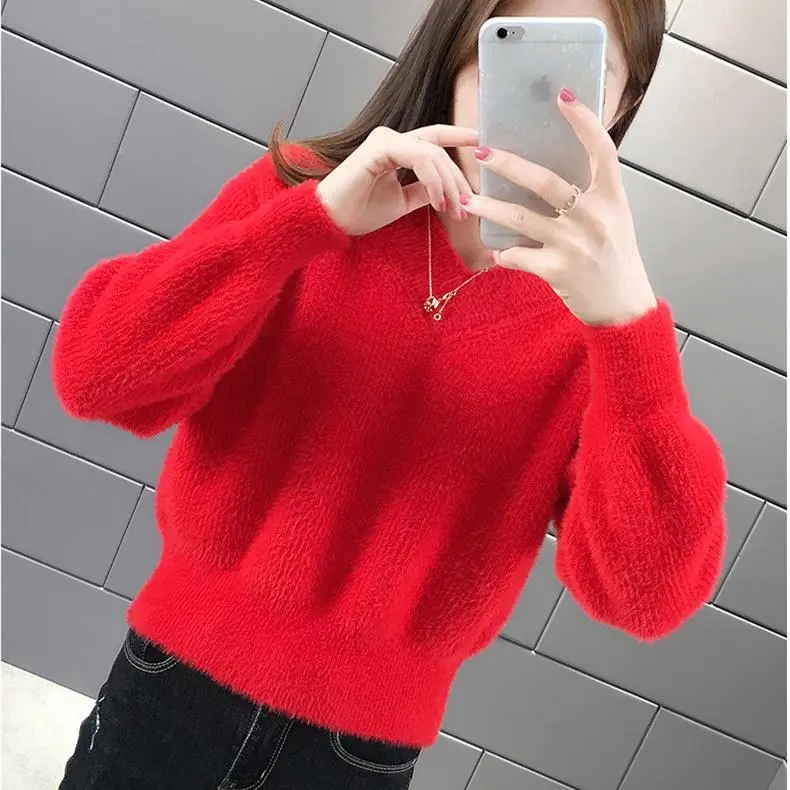 Áo Len Ngắn Lông Chồn Cho Nữ, Áo Chui Đầu Mới, Quần Áo Dệt Kim Dày, Áo Lớp Cơ Bản, Áo Cổ Chữ V Dáng Rộng Vừa Vặn Cho Mùa Thu Và Mùa Đông 1