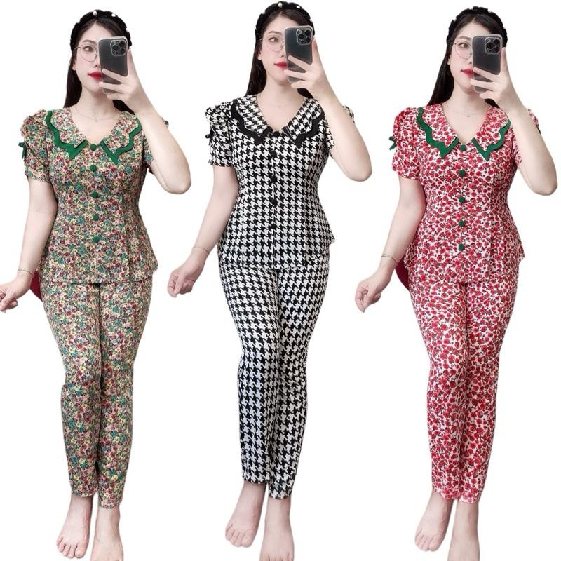 Đồ Bộ Nữ Mặc Nhà, Áo Tay Ngắn Quần Dài Cổ Lượn có Nhấn Ben Mặc Lên Dáng Đẹp, Chất Vải Lụa Mango Mềm Mát