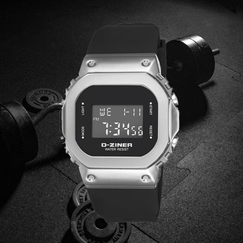  Đồng Hồ Điện Tử Nam Thể Thao DZ8300 Mặt Vuông Viền Thép Không Gỉ Dây Cao Su 