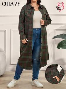 CURVZY Plus Size Plaid Print Button Front Belted Shirt, Casual Drop Shoulder Long Sleeve Collared Shirt for Fall & Winter, Women's Clothes for Daily Wear