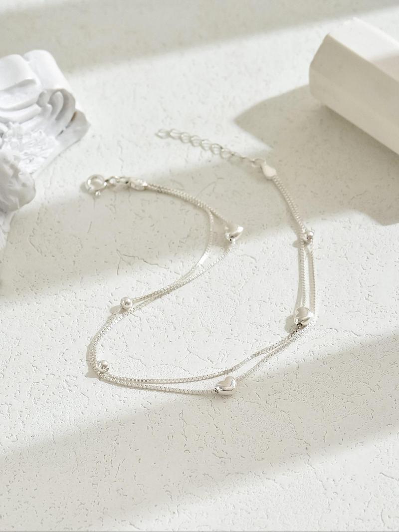 Product Introduction of 925 Sterling Silver Double Layer Heart Decor Adjustable Strap Anklet for Women, Fashion Jewelry for Party, Daily Clothing Decor, Trendy All-match & Exquisite Jewelry for Birthday Gift 3