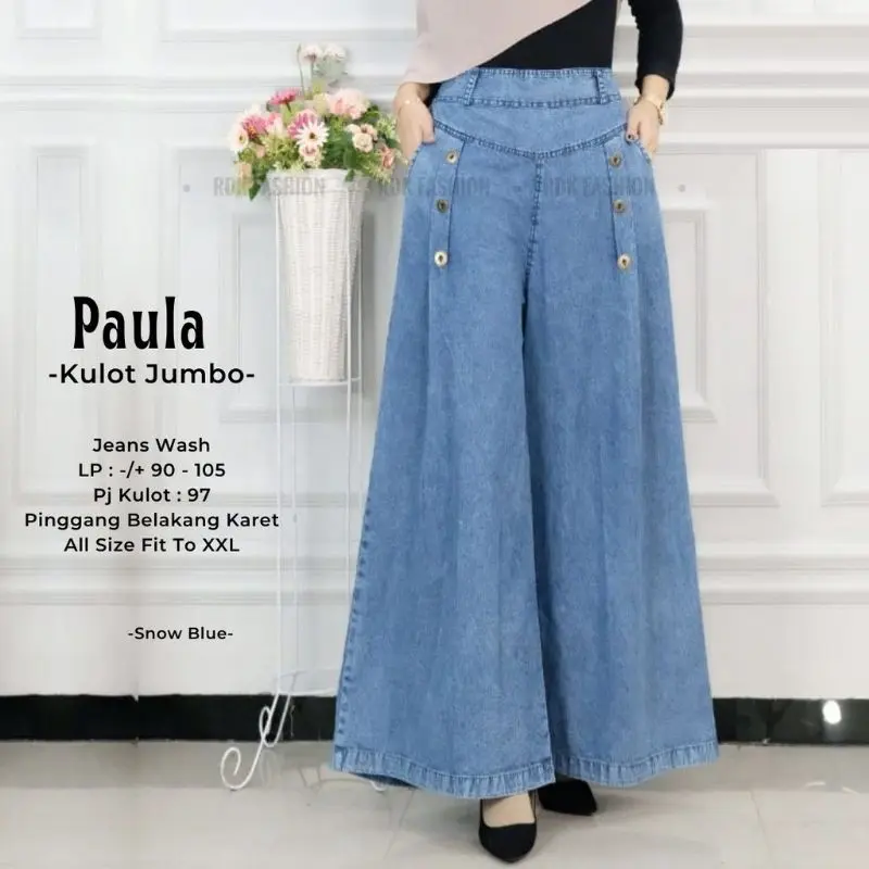 ALAZKA KULOT JEANS JUMBO PALAZZO PAULA  SNOW BIRU DAN HITAM Fit Pinggang Karet Celana Panjang Wanita Payung Bawah Lebar 1