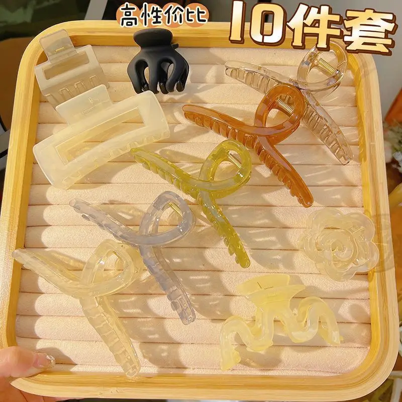 Phụ Kiện Tóc TikTok, Bộ 10 Món, Kẹp Tóc, Kẹp Cá Mập, Tay Cầm Gợn Sóng, Kẹp Tóc Đuôi Ngựa Hoa Trà, Dành Cho Nữ, Lưng Sau Của Đầu