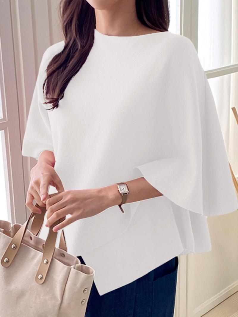 Product Introduction of Women's Plain Keyhole Neck 3/4 Sleeve Blouse, Casual Solid Color Top for Summer, Women's Clothing for Daily Wear 7