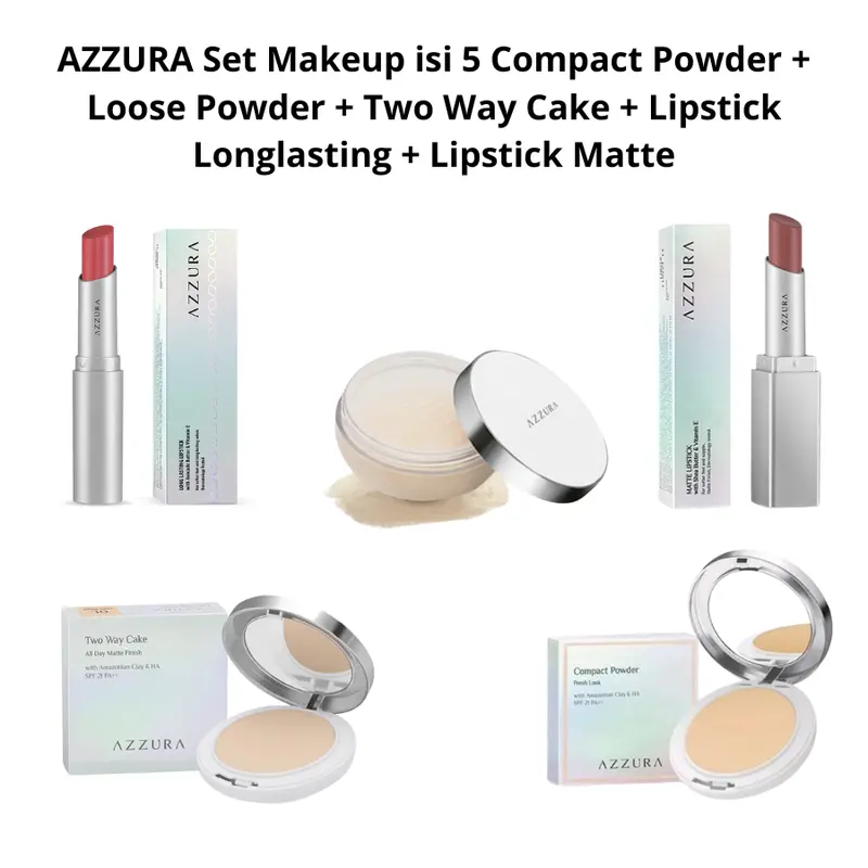 AZZURA PAKET MAKE UP SET (COMPACT + LOOSE + TWC + LONGLASTING + MATTE LIPSTICK) ISI 5 1
