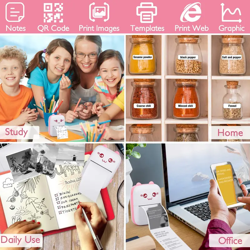 Durable Cute Cartoon Design Portable Thermal Printer, Mobile Wireless Label Printer, Thermal Printer for Ios & Android Smart Phone, Mini Photo Printer Sticker Printer, School Essentials, Thanksgiving Christmas Gift Set Digital Marketing Starter Kit 7
