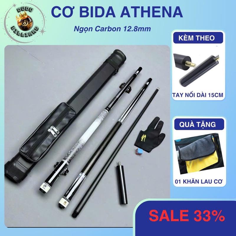 Cơ bida Athena tay bọc vân da Kỳ Đà, ngọn Carbon sợi cao cấp, tặng kèm chụp bảo vệ ren và tay nối dài