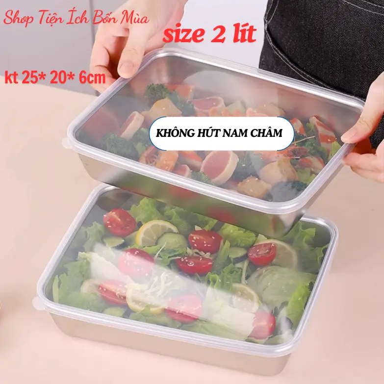 Bộ 5 Hộp Đựng Thức Ăn Bằng Inox 304 Cỡ Lớn, Kèm Nắp Đậy Nhựa Size 25*20*6cm, Hàng Không Hút Nam Châm