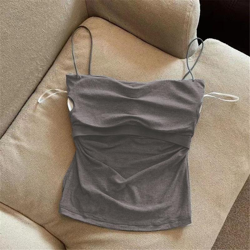Áo Hai Dây Có Đệm, Kiểu Nâng Ngực, Chất Liệu Lụa Lạnh Áo Crop Top, Áo Vest Hai Dây Xếp Ly Cô Gái Nóng Bỏng Dễ Thương Và Gợi Cảm, Dây Đeo Vai Mỏng, Thích Hợp Cho Phụ Nữ Vào Mùa Hè, Áo Không Tay, Có Thể Mặc Ngoài Trời 5