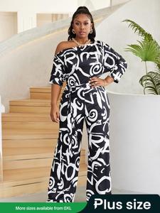 【Plus Size】 All Over Print Jumpsuit, Casual Fashion Jumpsuit for Daily Holiday Vacation Wear, Women's Plus Clothing for Summer