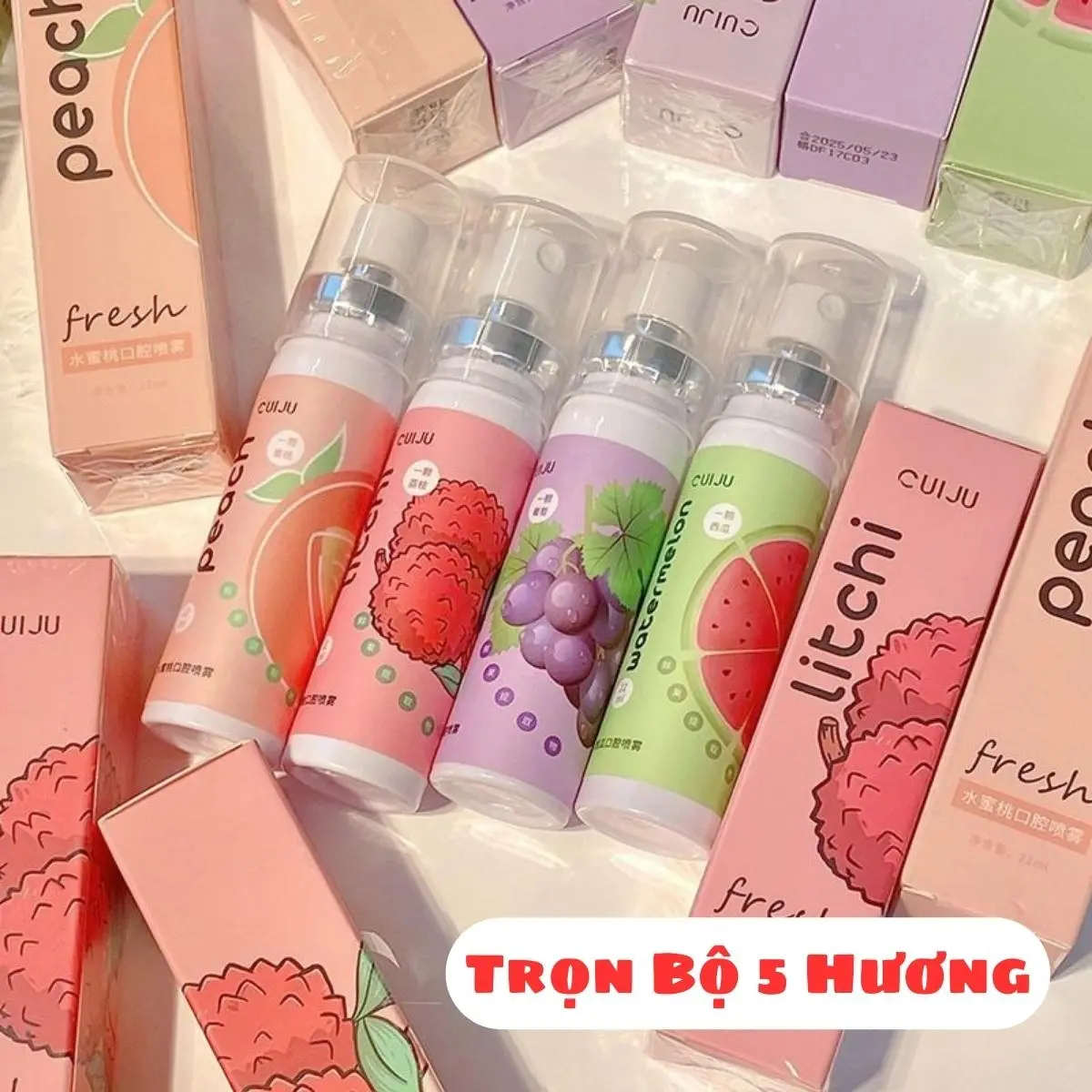 COMBO 5 CHAI Xịt Thơm Miệng Cuijju Hương Trái Cây ( Đào, Vải, Cam, Nho, Dưa Hấu ) Xịt Miệng