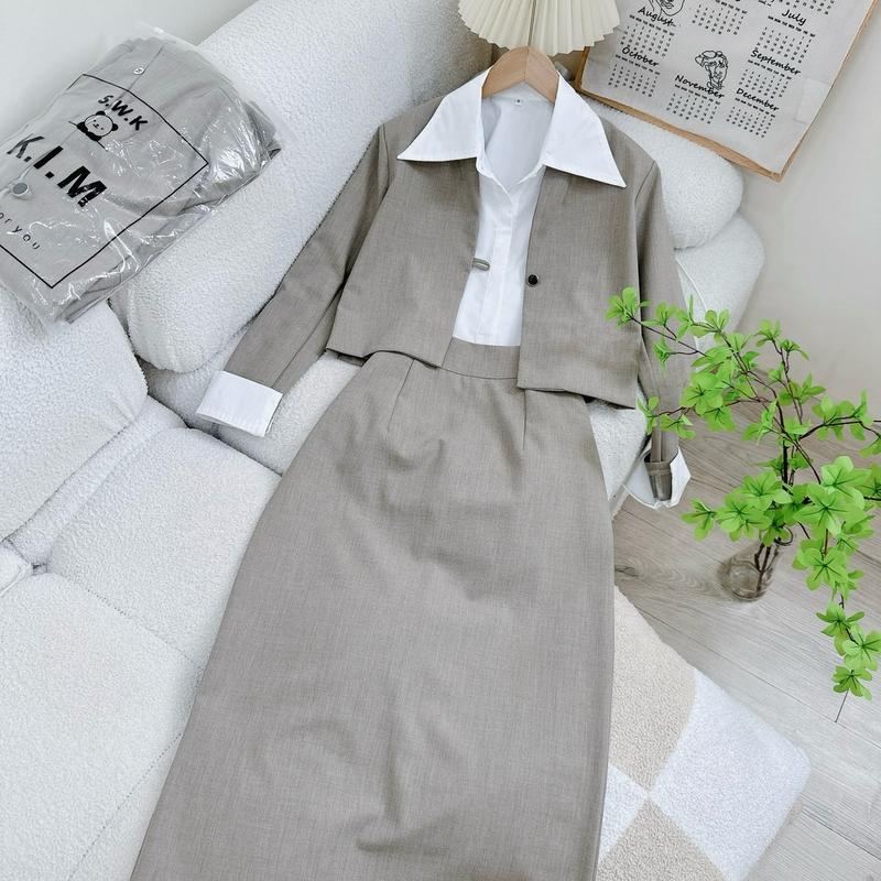 [Kim Clothing] Set 3 món áo sơ mi tay dài cổ bẻ + áo blazer croptop gài nút + chân váy bút chì 5
