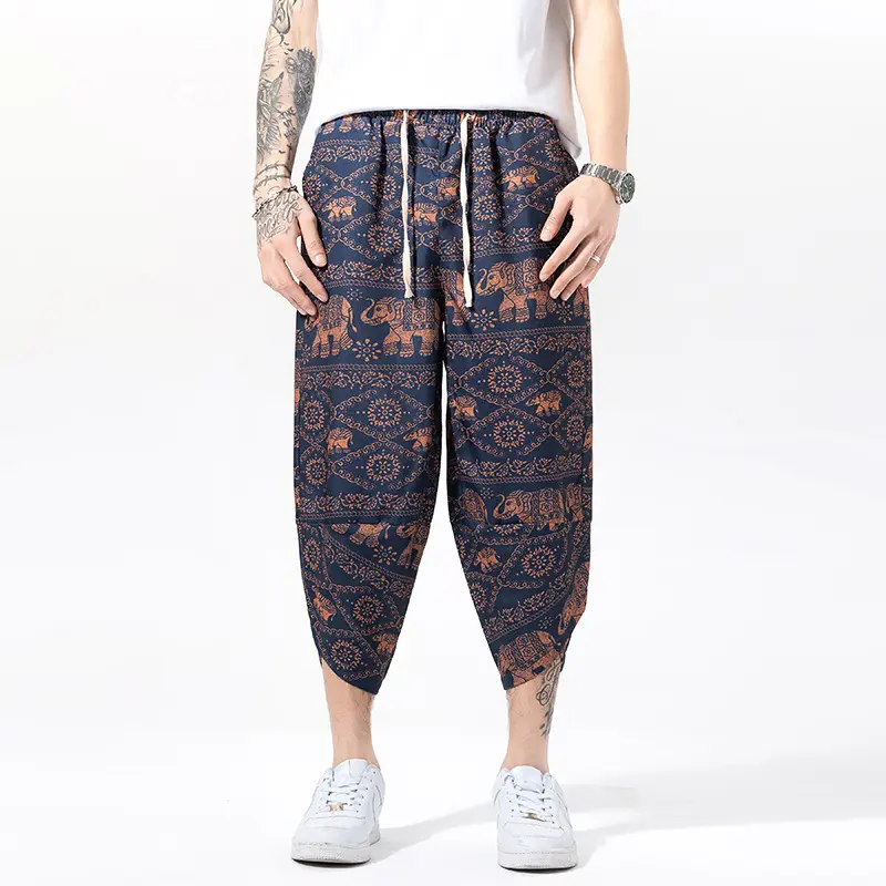 Cashew Flower Thai Pants Men's Summer Thin Chinese Style Linen Wide Leg Cropped Pants Loose Ankle-Tied Sports Pants Fashion