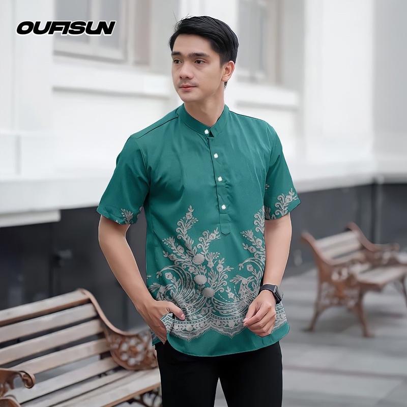 Product Introduction of Koko Kurta Shirt Raya 2025 Ramadan Festival Batik Men's Top Slim Fit 3D Printed Pattern Stand Collar Short Sleeve Henry Shirt Men's Formal Shirt 8