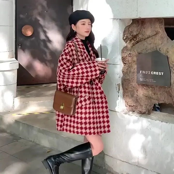 Áo Khoác Len, Phong Cách Anh Quốc Cổ Điển Chần Bông, Thiết Kế Lưới Màu Đỏ, Dành Cho Nữ, Hàng Mới Về Mùa Thu Và Mùa Đông, Phong Cách Hàn Quốc, Dáng Rộng Vừa Vặn, Áo Khoác Len Thường Ngày 2