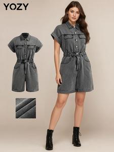 YOZY Women's Plain Pocket Design Denim Romper, Casual Fashion Short Sleeve Romper for Daily Wear, Ladies Clothes for All Seasons