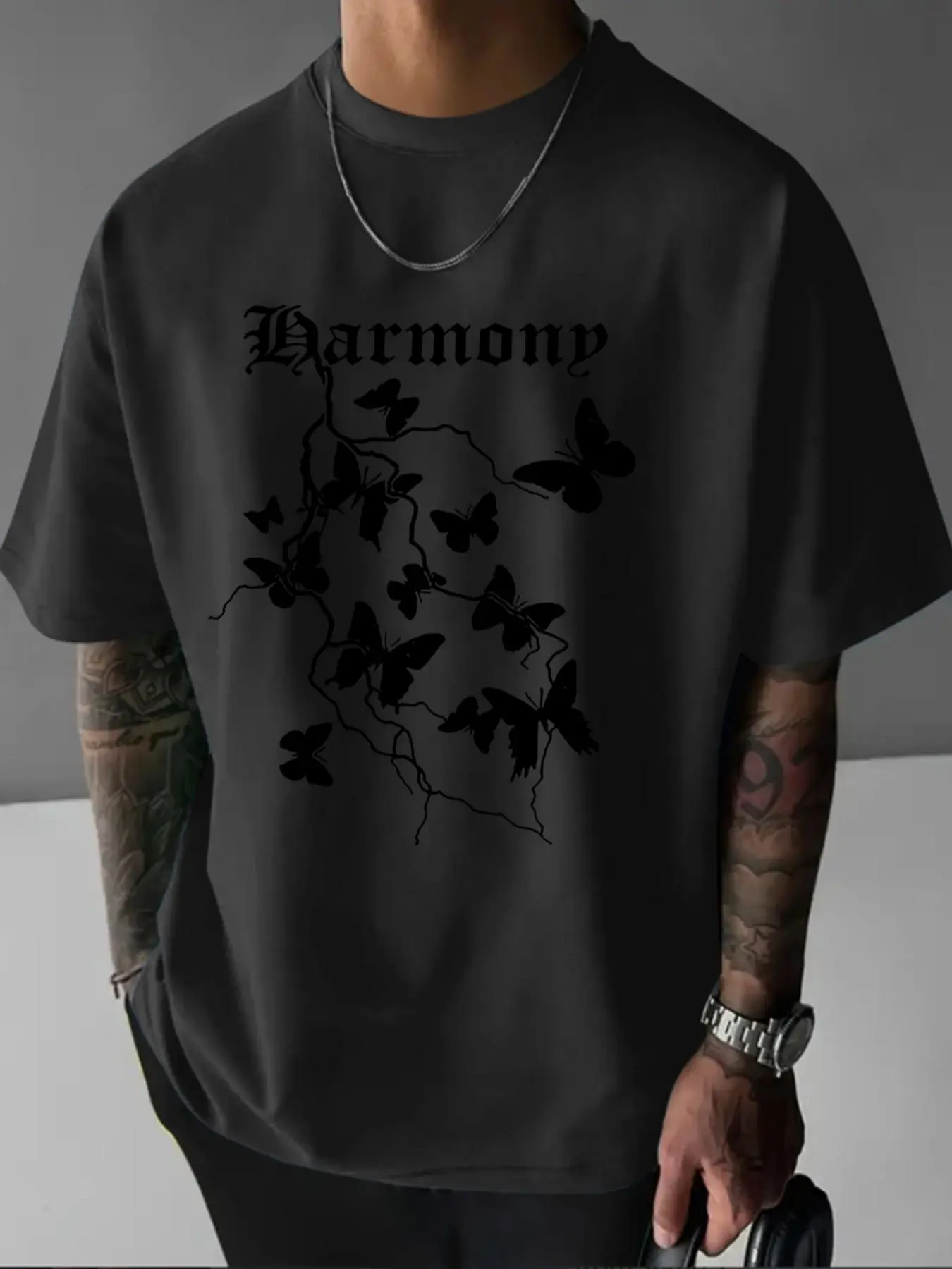 Men's Butterfly & Letter Print Short Sleeve Graphic Tee, Casual Comfy T-shirt for Summer, Fashion Men's Top for Daily Wear, Crewneck