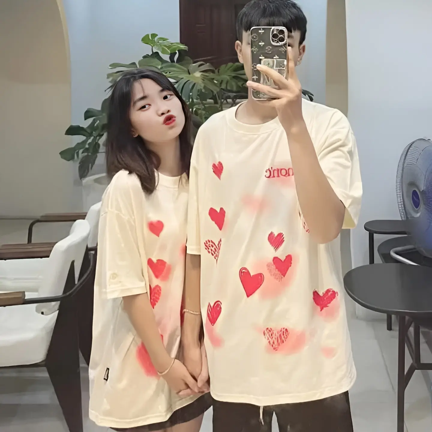 Áo Thun Simonc Lovely tee hình trái tim vải Poly mịn thun 36% cotton form rộng Nam Nữ Unisex Tay Lỡ Áo Gril Phố Top Cổ Tròn