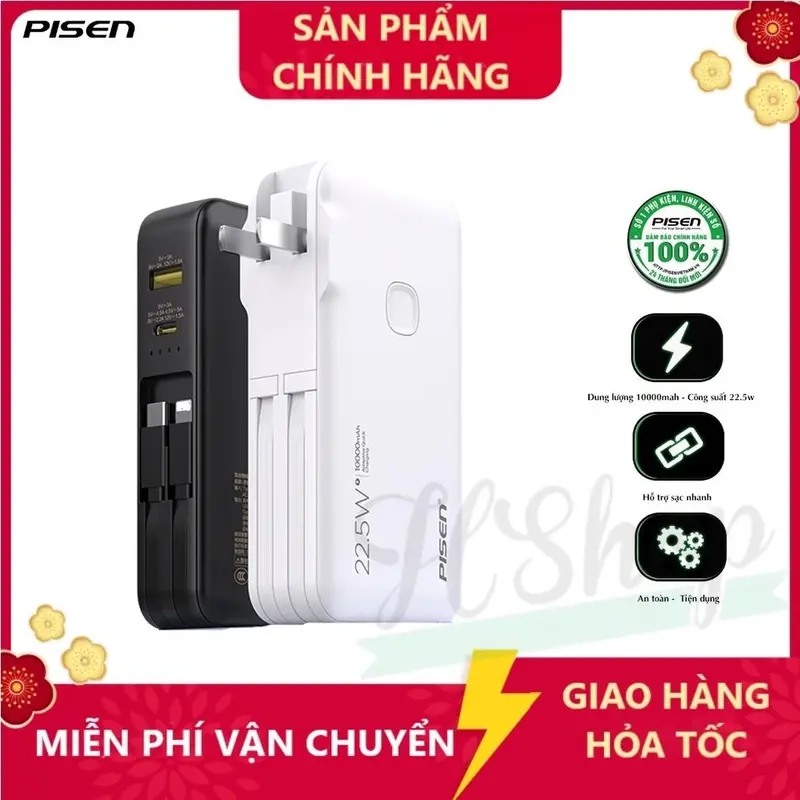 Sạc dự phòng kiêm Cốc sạc  PISEN QUICK High Power Box 10000mAh OWN 22.5W / 18W kèm chân cắm,2 cáp C/L-Hàng chính hãng 0