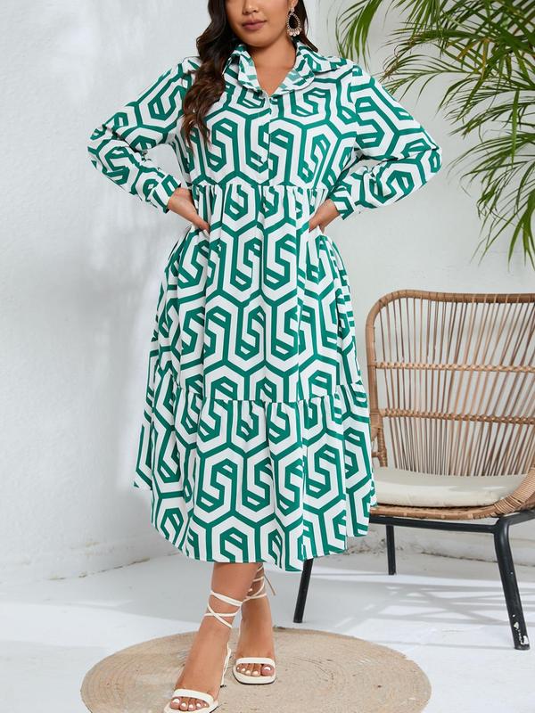 Plus Geometric Print Long Sleeve Button Front Midi Dress, Casual All Over Print Collared Button Loose Dress For Spring & Fall, Fashion Women's Dress For Daily Wear 8