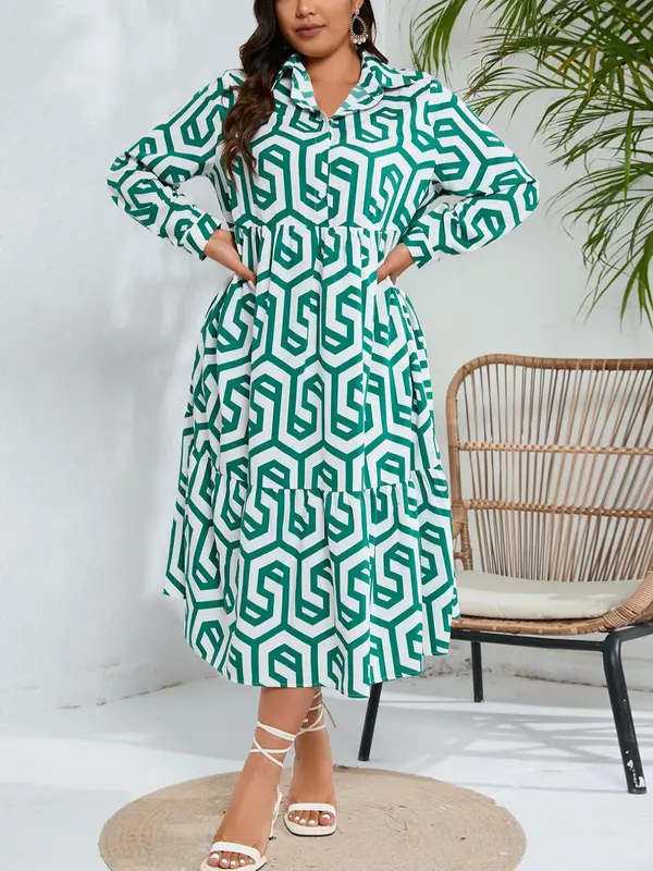 Plus Geometric Print Long Sleeve Button Front Midi Dress, Casual All Over Print Collared Button Loose Dress For Spring & Fall, Fashion Women's Dress For Daily Wear 8
