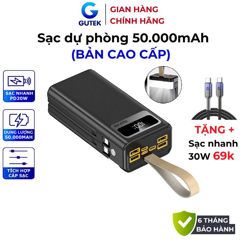 [Tặng sạc nhanh 30W] Pin Sạc dự phòng 50000mAh sạc nhanh PD20W pin dung lượng lớn đi kèm dây cắm nhiều điện thoại - Gutek GT205