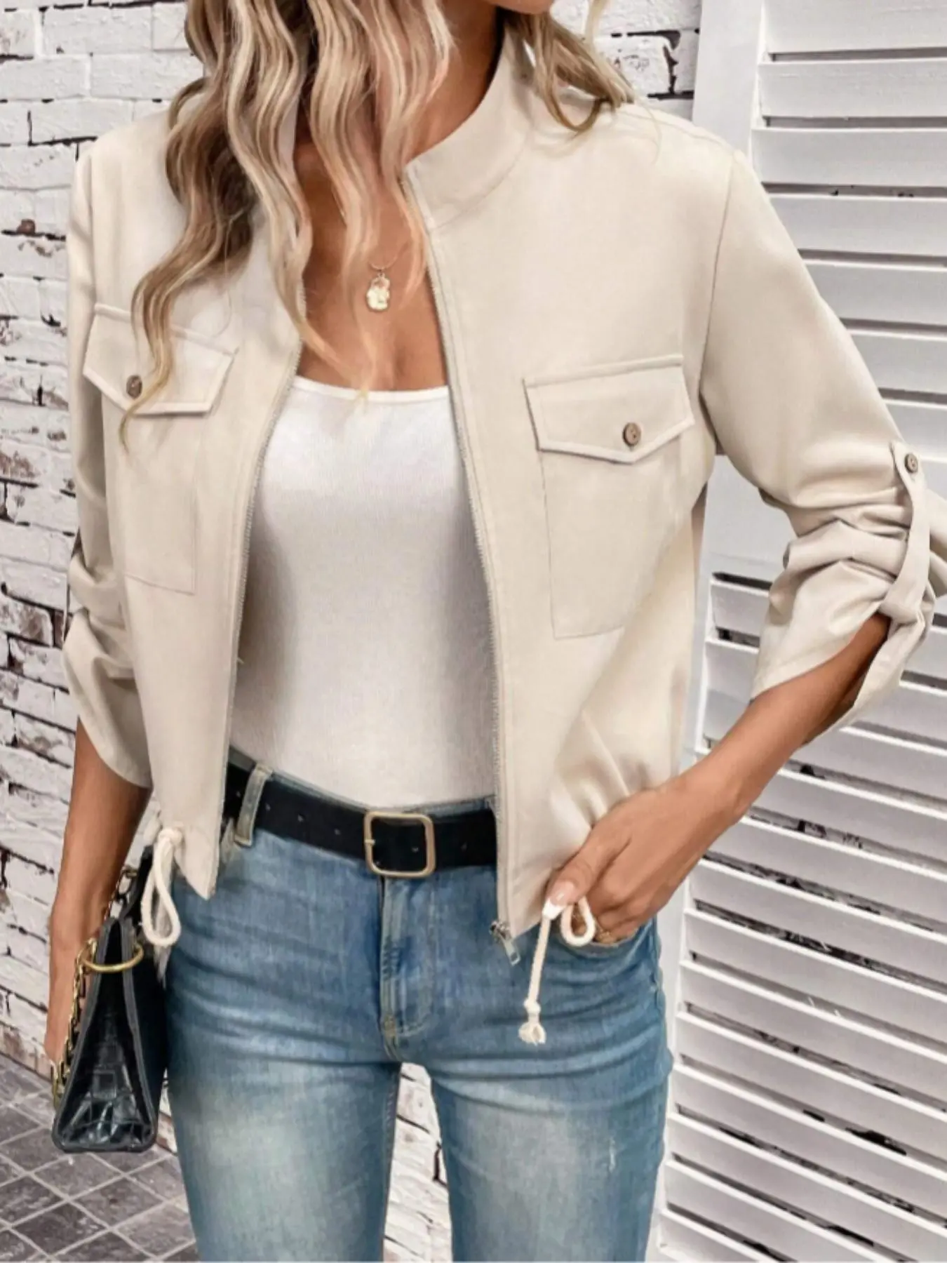 Women's Solid Color Long Sleeve Jacket, Casual Zip Up Outerwear for Spring & Fall, Ladies Clothes for Daily Wear