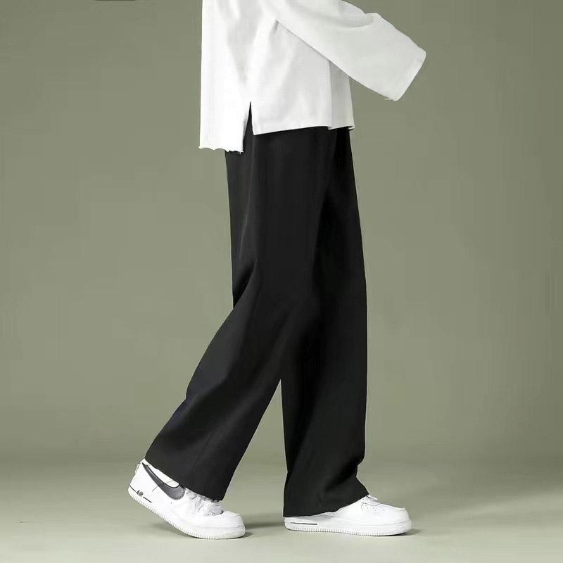 Quần Công Sở, Quần Nam Ống Đứng, Mỏng Mùa Hè, Chất Liệu Lụa Lạnh Quần Cropped Dáng Rộng, Thích Hợp Cho Học Sinh, Màu Trơn Chân Rộng, Phong Cách Thường Ngày
