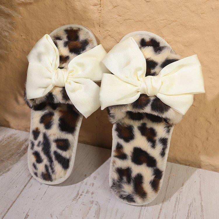 Product Introduction of Fluffy Leopard Bowknot Slippers Women's Autumn and Winter Flat Home Floor Slippers Open Toe Cotton Slippers Women's Flat-Heeled Slippers Rubber Suede 19