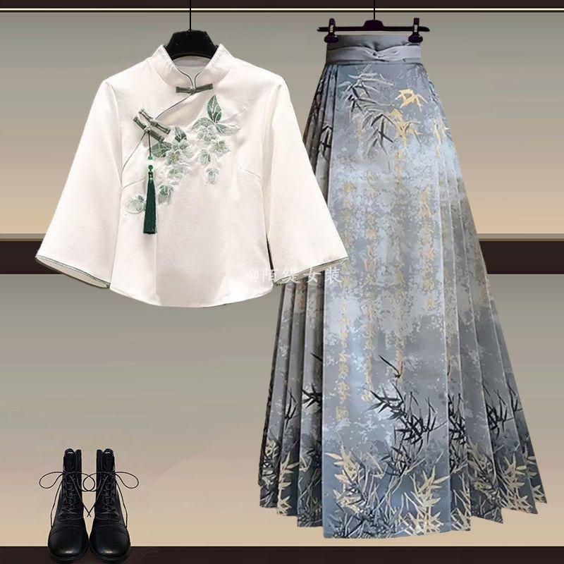 Product Introduction of Áo Khoác Và Váy Hanfu Trung Quốc Phong Cách Manbo, Màu Xanh Bạc Hà, Dành Cho Nữ, Bộ Váy Vẻ Mặt Ngựa Phong Cách Quốc Gia Mới Mùa Hè 2024 Women Dress Khuy 11