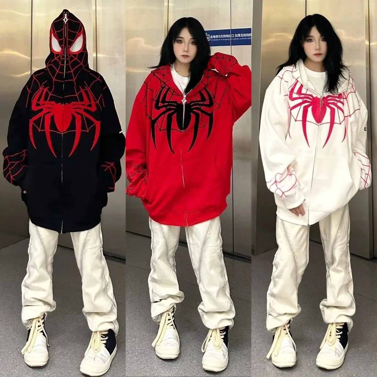 [Embroidered Spider-Man Coat] American Retro Minority Design Cool Girl Style Hooded Cardigan Sweater