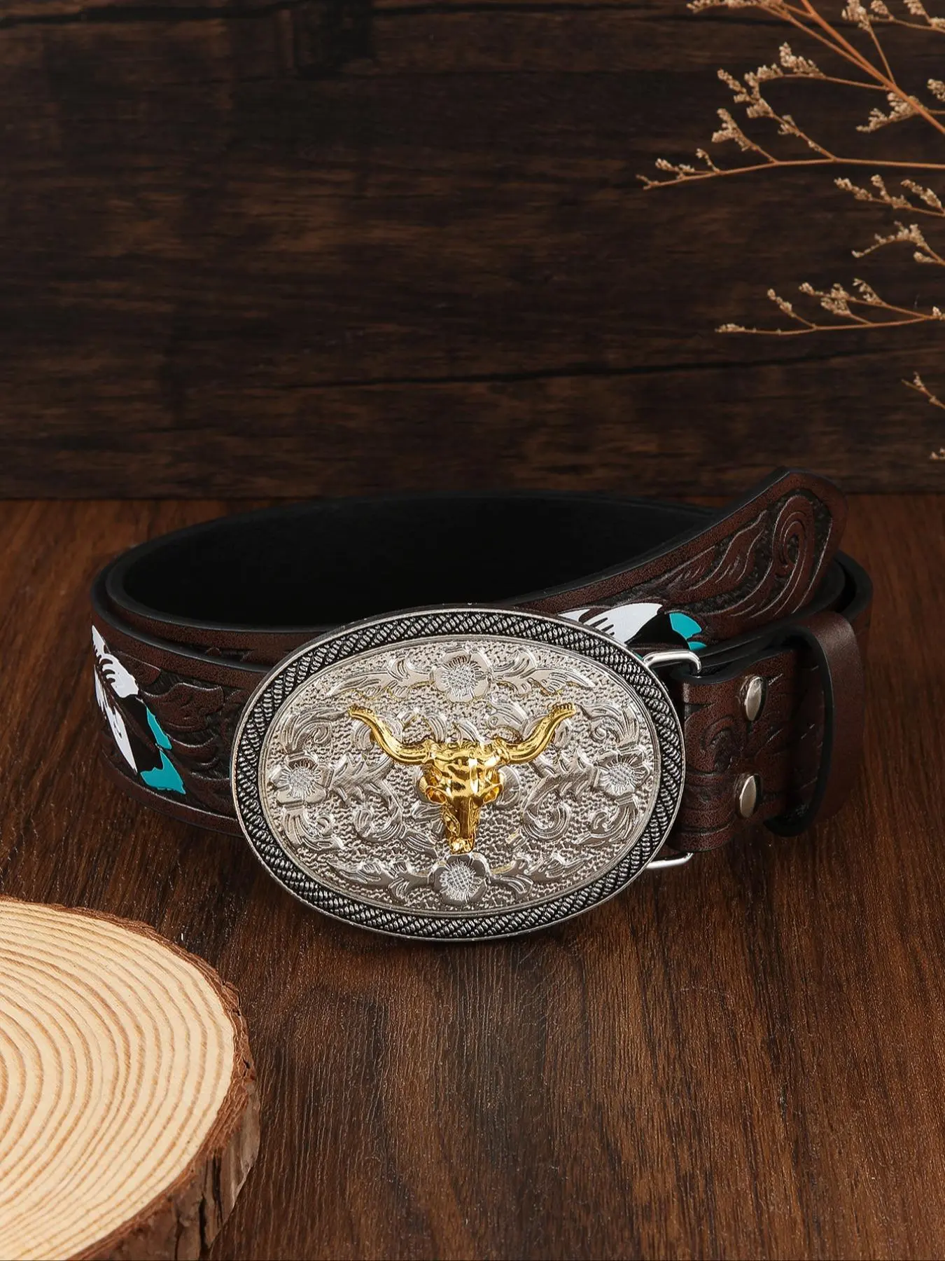 Western Style Feather Embossed PU Buckle Belt, Fashionable Belt for Women & Men, Casual Waistband for Jeans Trousers