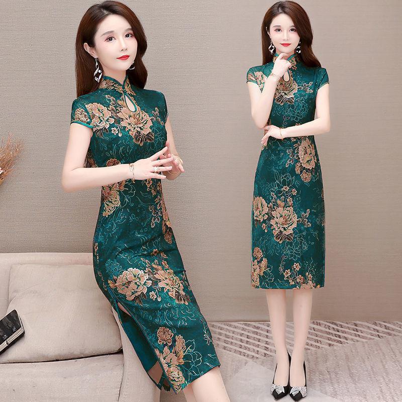 Váy Sườn Xám Cải Tiến Cho Nữ, Vỏ Bọc Ôm Sát, Thanh Lịch, Dài Trung Bình, Cho Mẹ, Ngắn, Phong Cách Trung Quốc, 40 Đến 50 Tuổi, Mùa Hè, Dress, Đầm