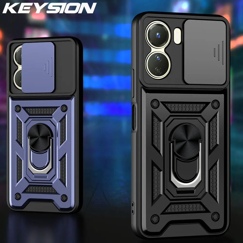 KEYSION Shockproof Armor Case for VIVO Y16 Silicone+PC Slide Camera Lens Protection Ring Stand Phone Back Cover for VIVO Y16 4G
