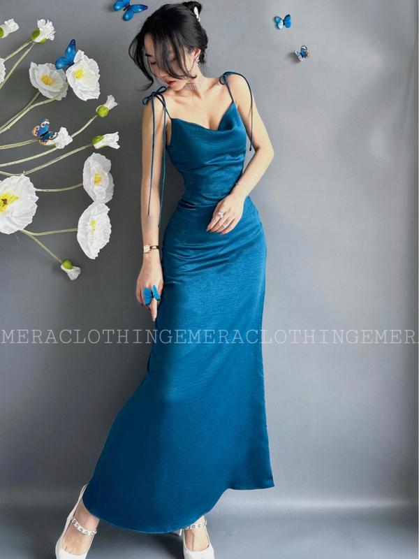 Váy LaylaDress thiết kế dự tiệc xanh cổ vịt quyến rũ sang trọng thiết kế cổ đổ váy 2 lớp chất lụa cao cấp Nữ Đầm Women Voan Voi