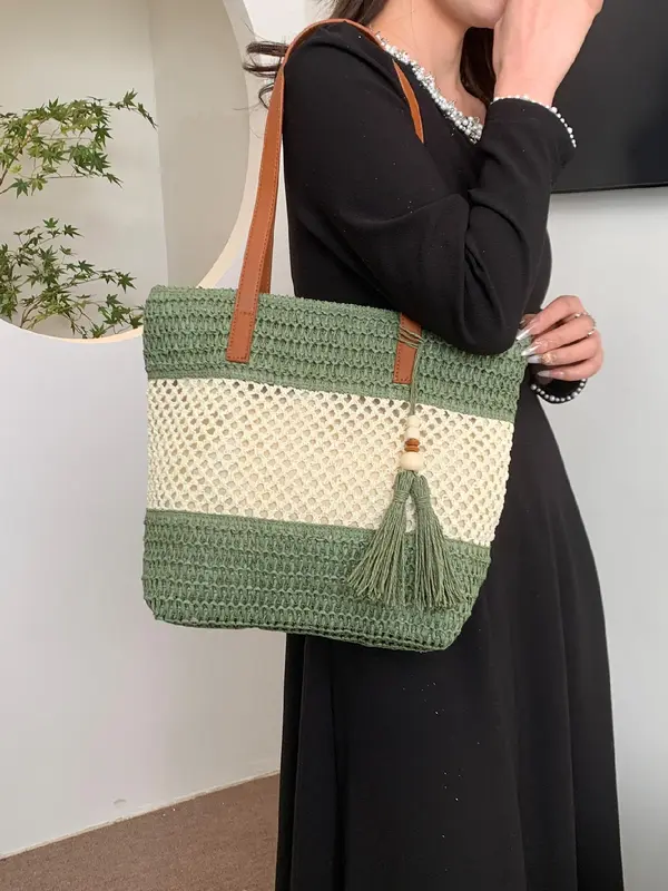 Women's Fashionable Straw Tote Bag, Large Capacity Shoulder Bag for Daily Used, Casual Trendy Versatile High-quality Daily Commuting Bag, Girl Fashionable Shopping Bag, Beaded Bags 6