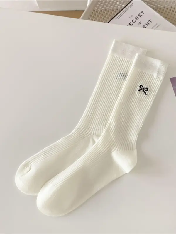 Women's Bow Embroidery Mid-calf Socks, Casual Comfortable Breathable Socks for Daily Wear, Women's Socks for All Seasons 3