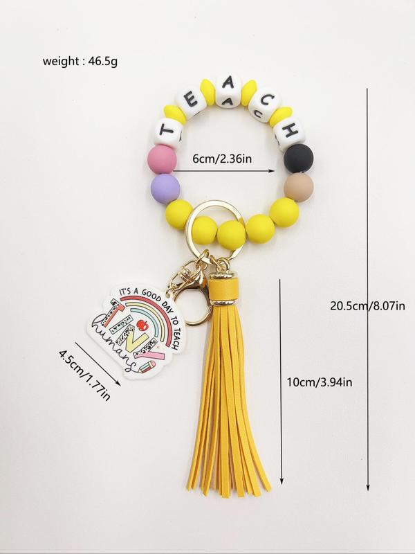 Creative Letter Pattern Tassel Decor Metal Keychain, Beaded Bracelet Decor Key Ring, Fashionable Keychain for Men & Women, Charms, Gifts for Her 6