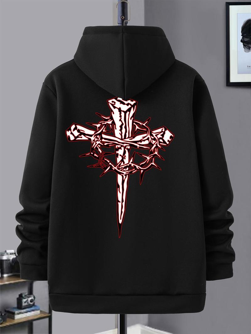 Product Introduction of Unisex's Cross Print Thermal Lined Hoodie, Casual Regular Fit Long Sleeve Hooded Sweatshirt for Fall & Winter, Men's Top for Daily Wear 7