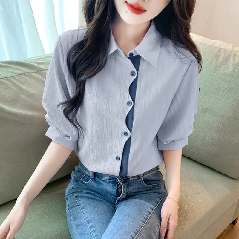 Fashion Colorblock Chiffon Shirt Summer New Loose All-Matching Youthful-Looking Temperament Short Sleeve Women's Top Womenswear Blouse