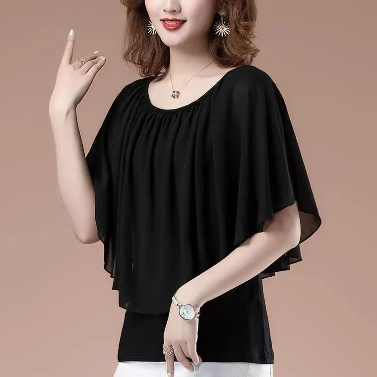 Áo Thun Voan Ngắn Tay, Ngoại Cỡ Cho Nữ, Khăn Choàng Mùa Hè Mới, Áo Cánh Dơi, Dáng Rộng Vừa Vặn, Che Bụng, Áo Sơ Mi Tay Lửng