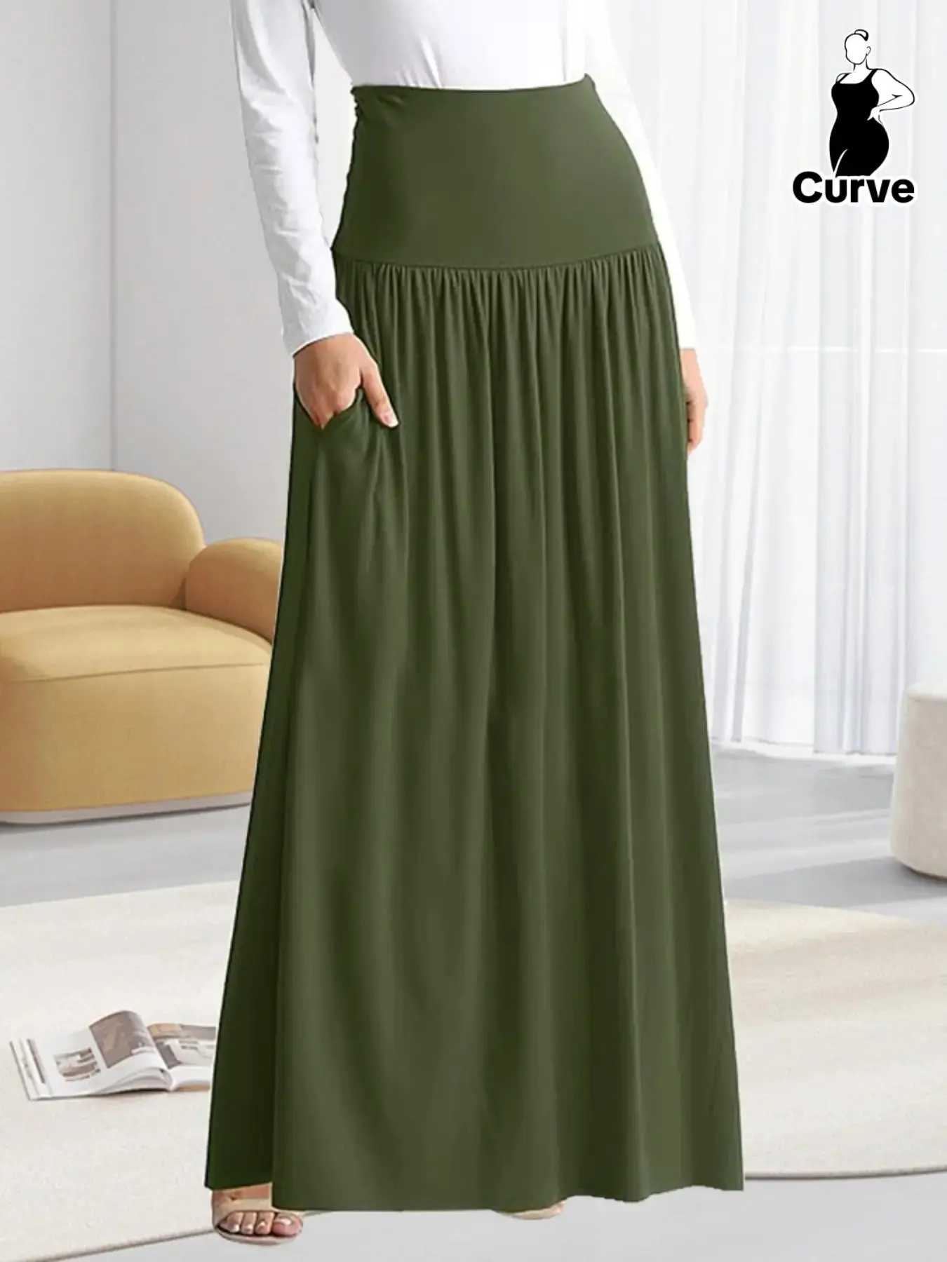 【Plus Size】 Solid Pocket High Waist A Line Skirt, Casual Fashion Long Skirt for Daily Outdoor Wear, Women Clothing for Fall & Winter