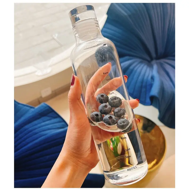 Tumbler Botol minum anti bocor / botol transparan / Tumbler olahraga / botol portable dengan panduan jam Air tupperware cute Cangkir Minuman Plastik Bottles Kitchenware Silicon Water 3