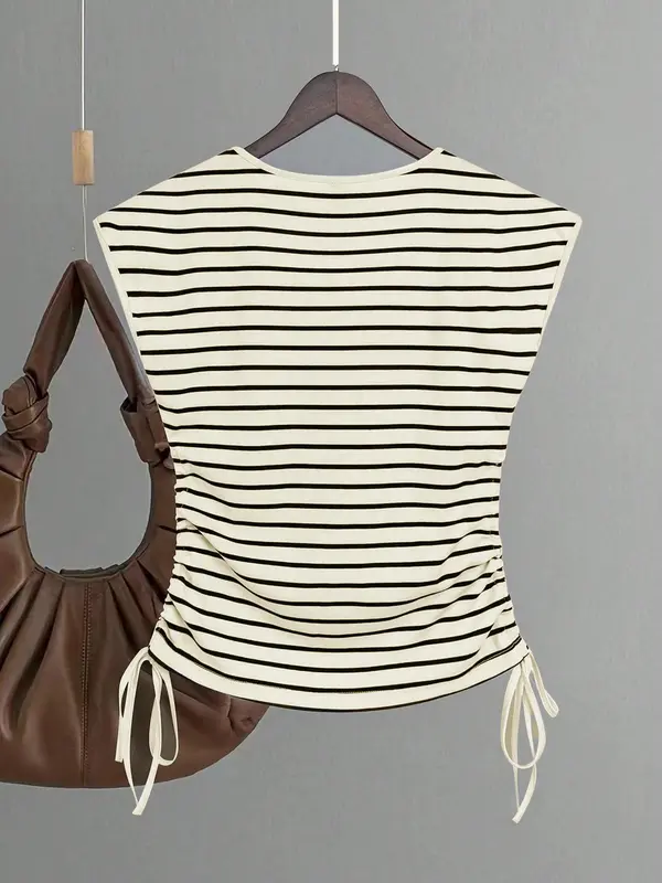 Women's Striped Print Ruched Drawstring Tank Top, Casual Sleeveless V Neck Top for Summer, Ladies Clothes for Daily Wear 1